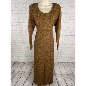 Cynthia Brown Swirly Long Sleeve Belted Side Slit Pullover Shoulder Pad Dress L